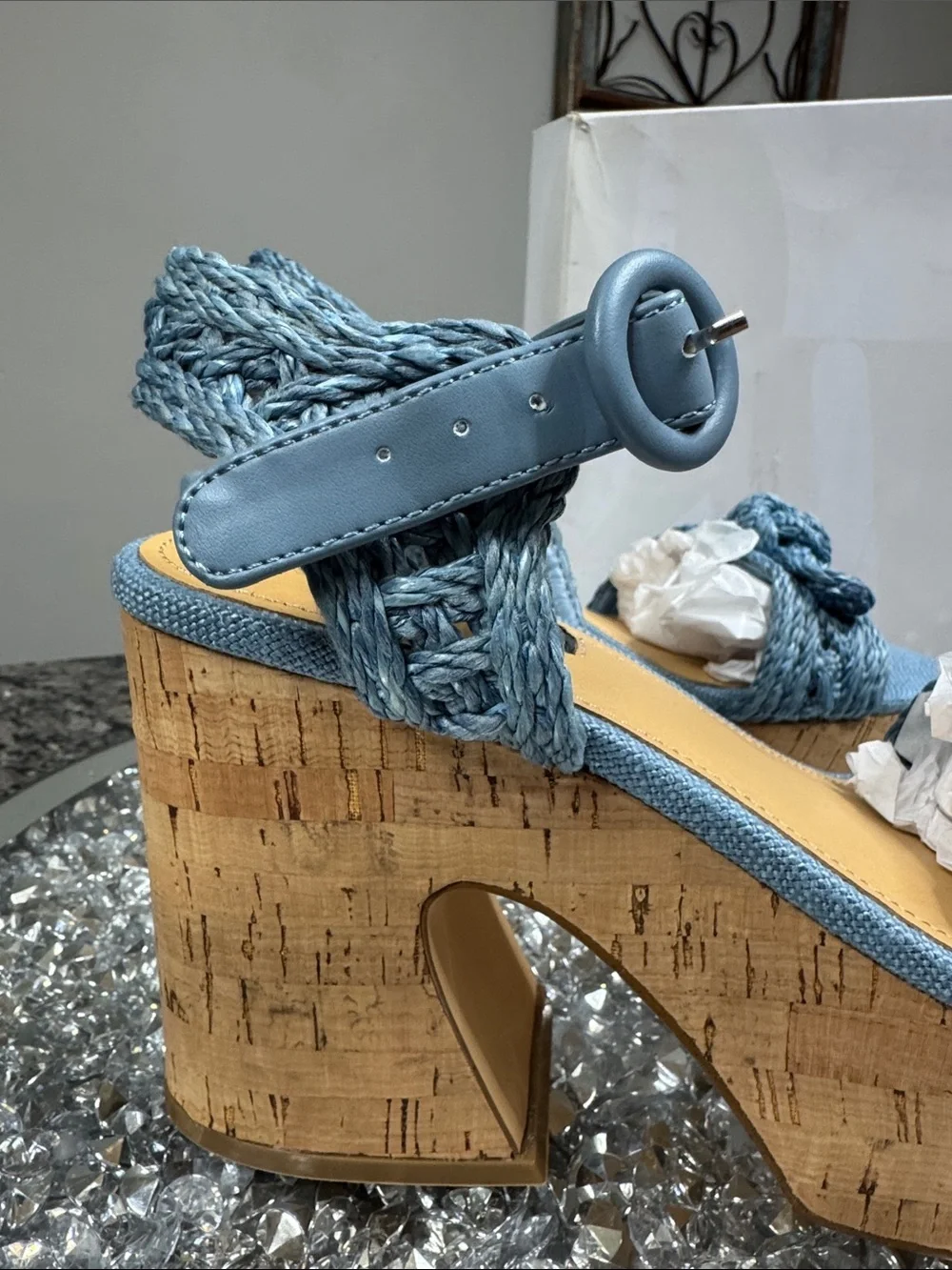 Nine West Comiele Light Blue Braided Cork Platform Sandals NEW 8.5